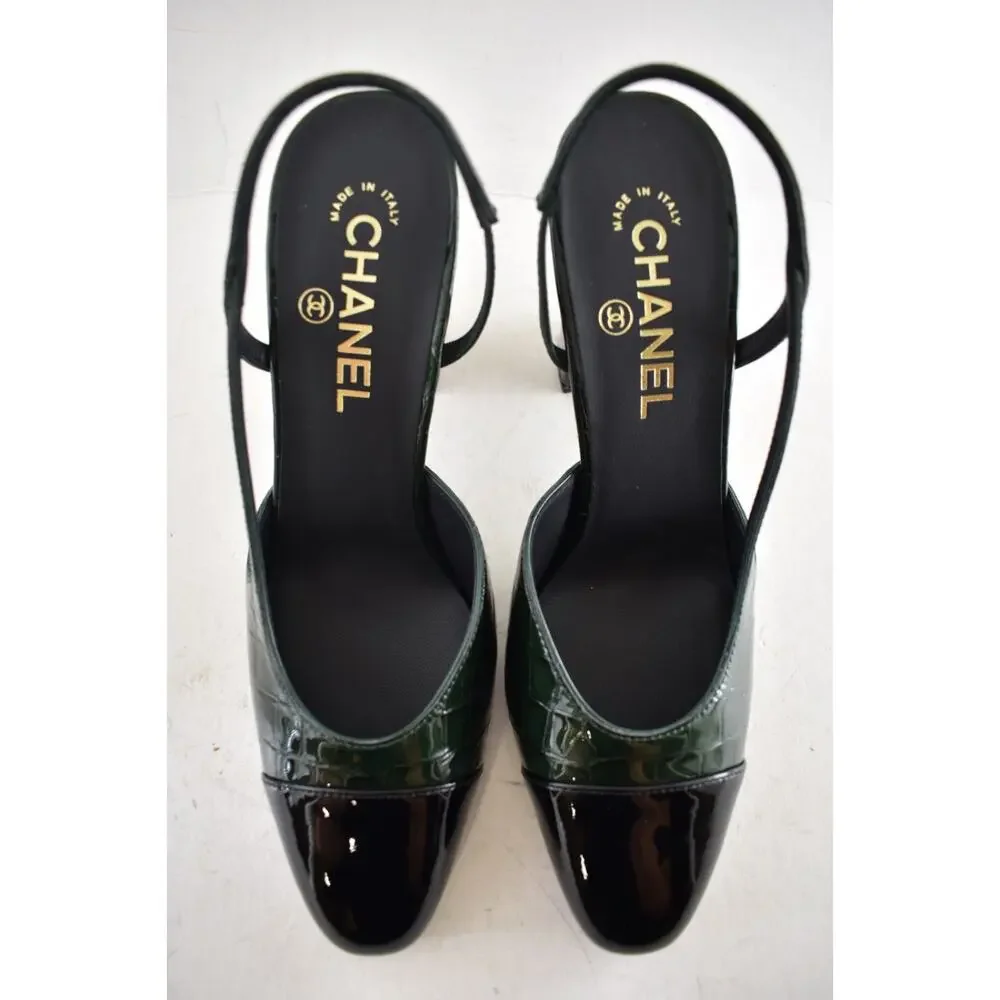Chanel 26A Green Black Crocodile Croc Coco Sling Slingback Block Heel Pump 39.5c